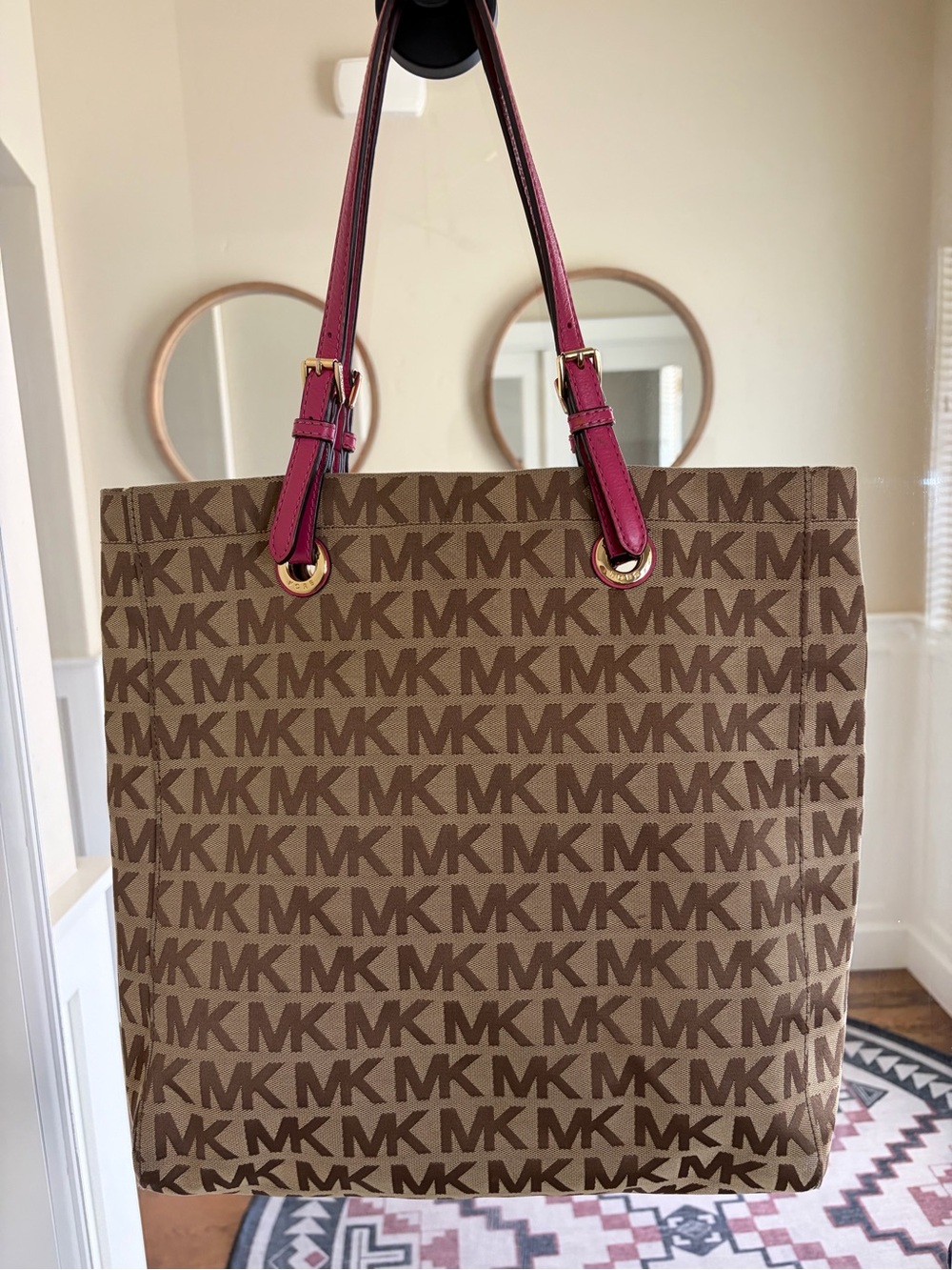 Michael Kors Brown Logo Tote with Pink Shoulder Straps